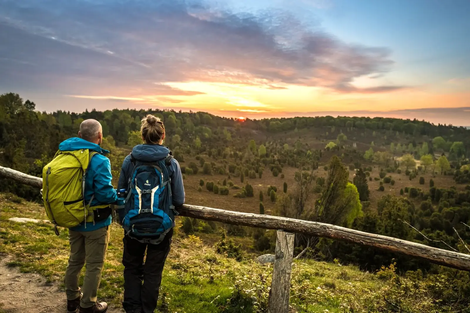 Wandernde mit Rucksäcken und weitem Blick über die Lüneburger Heide