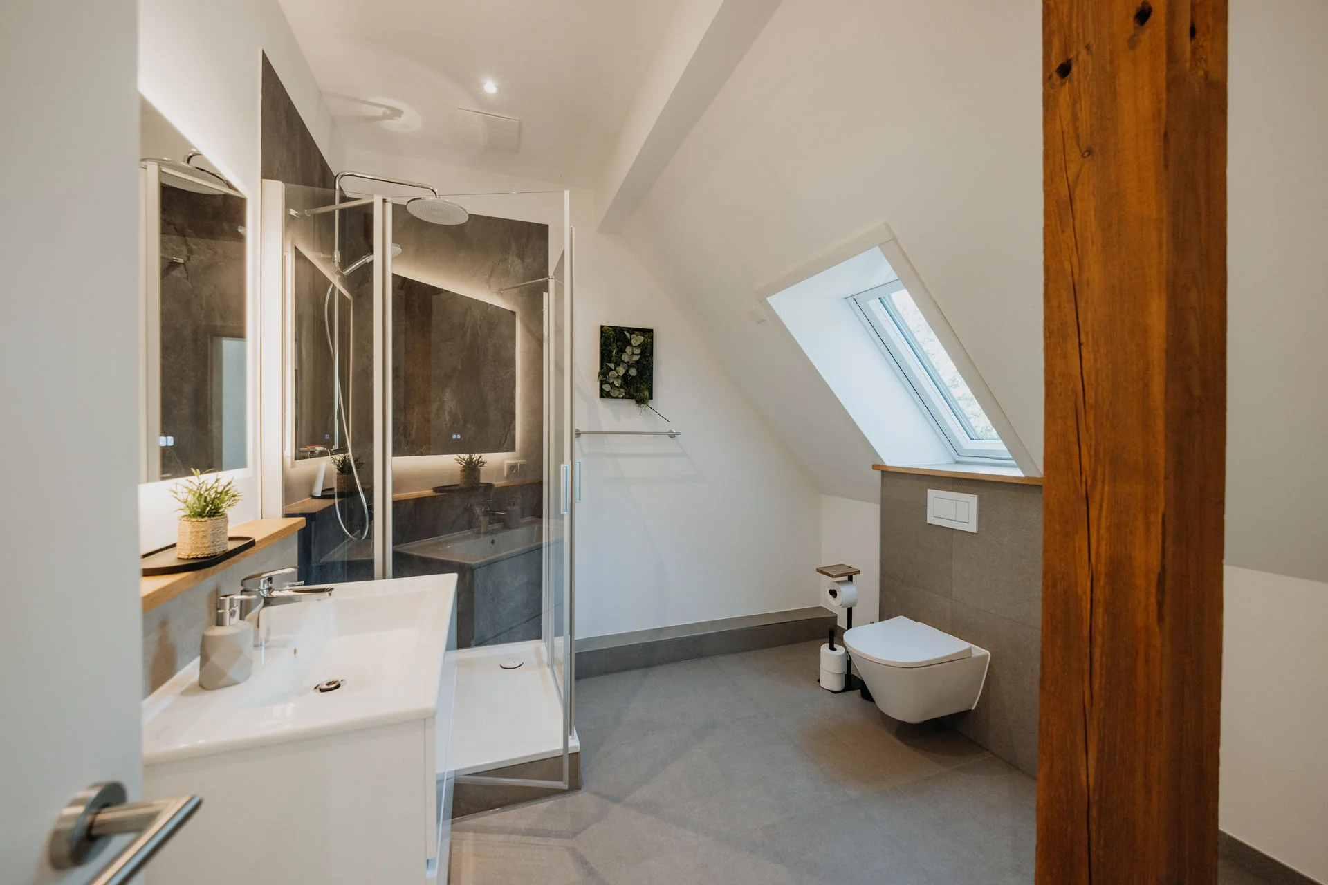 HeidePanorama: Duschbad mit Dachfenster, Glasdusche, Waschbecken und WC