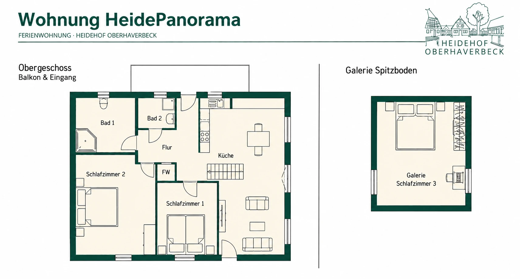 Grundriss der Ferienwohnung HeidePanorama mit drei Schlafzimmern, zwei Bädern und Balkon