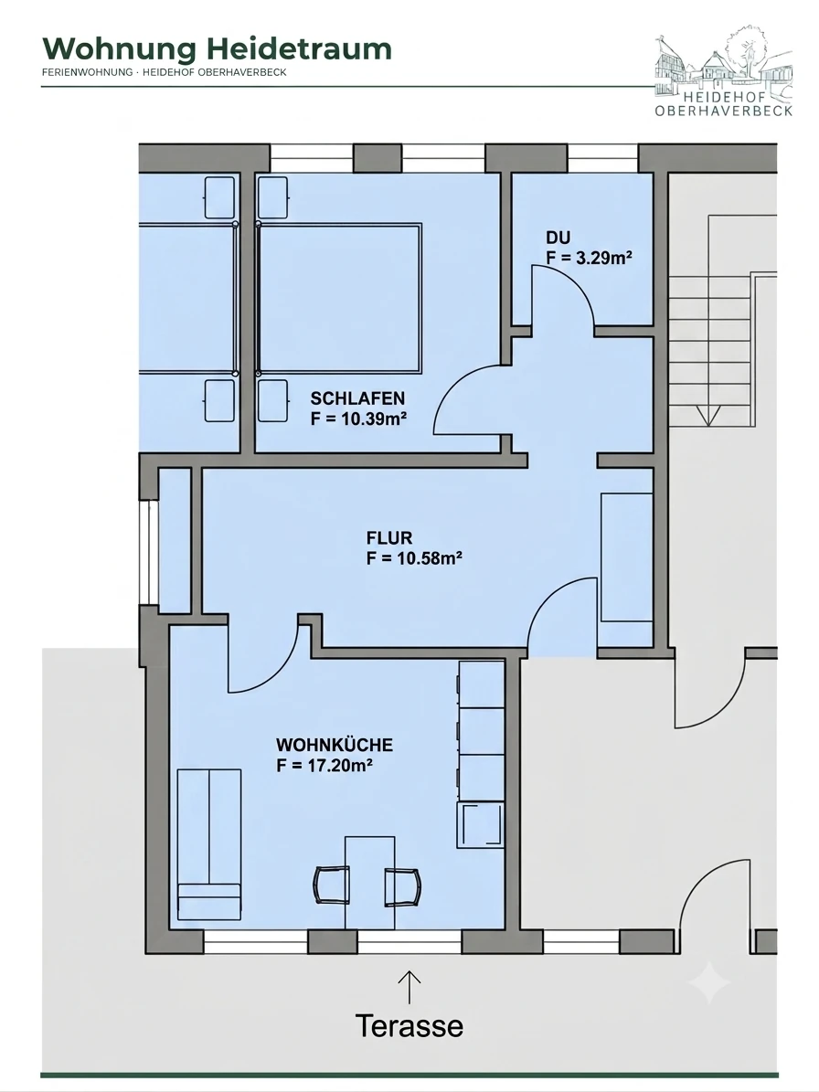 Grundriss der Ferienwohnung Heidetraum mit Schlafzimmer, Wohnküche und Terrasse