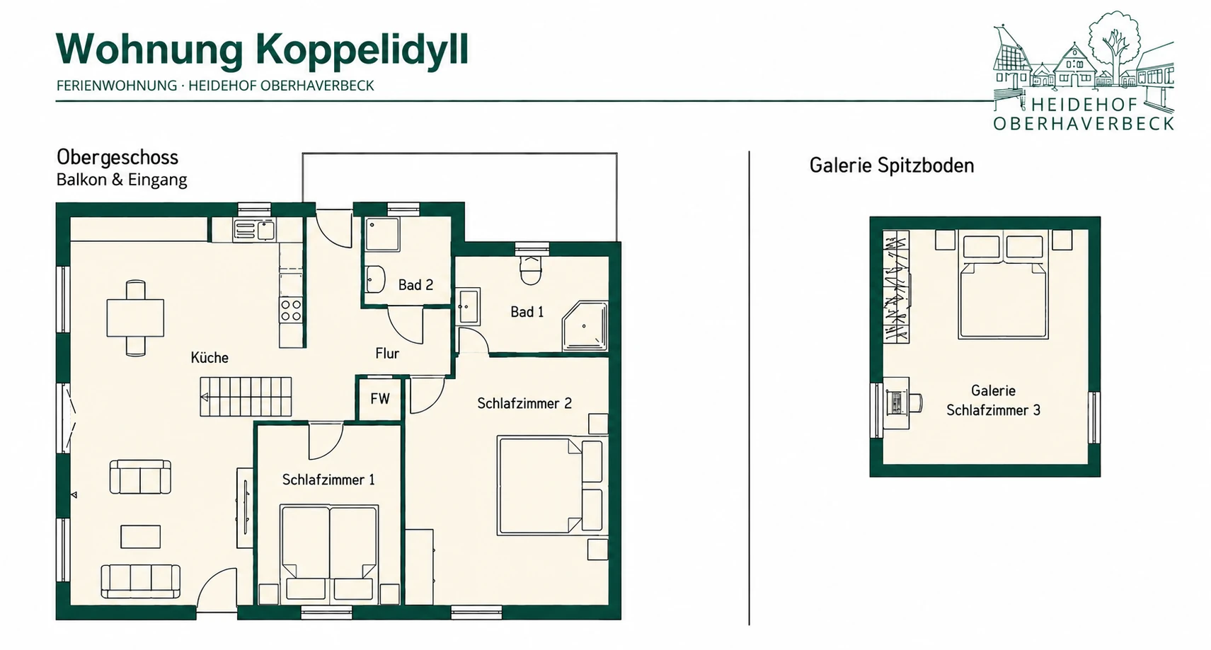 Grundriss der Ferienwohnung Koppelidyll mit drei Schlafzimmern, zwei Bädern und Balkon