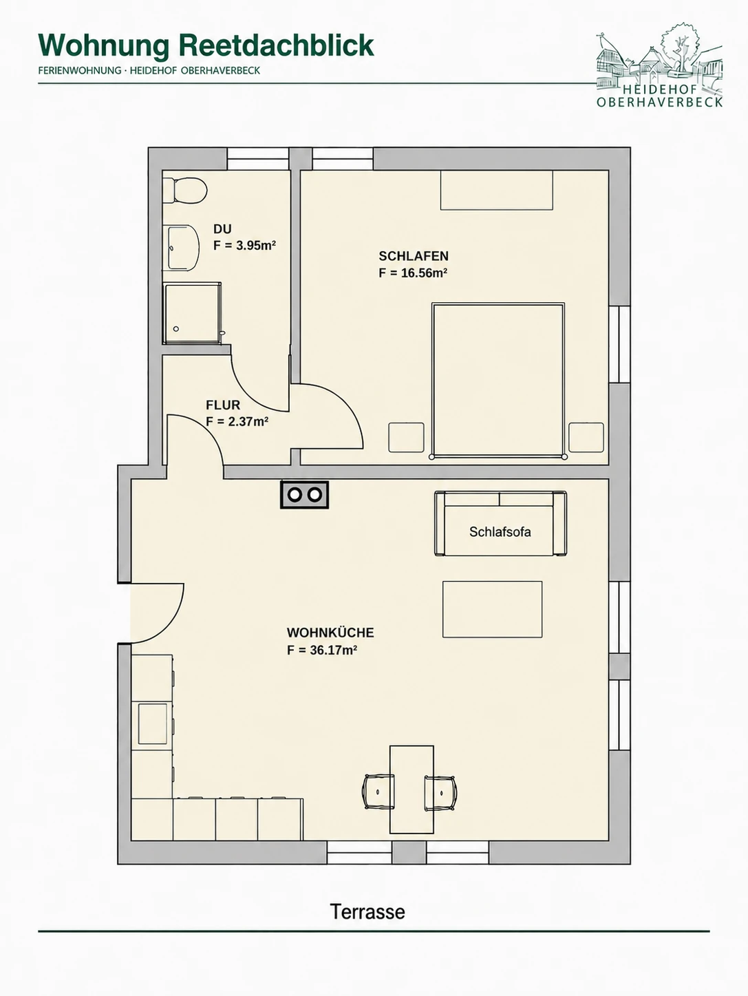 Grundriss der Ferienwohnung Reetdachblick mit Schlafzimmer, Wohnküche und Terrasse